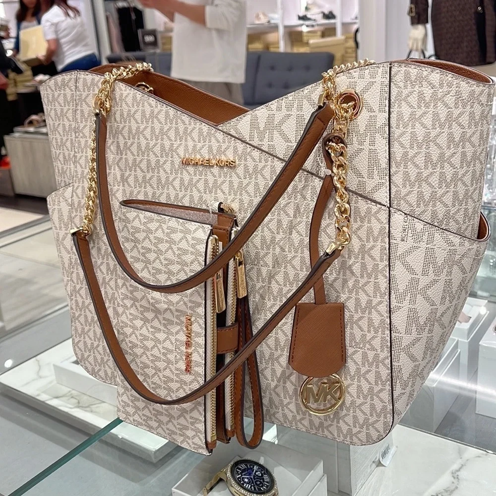 MICHAEL KORS LARGE X CHAIN SHOULDER TOTE  &  LARGE DOUBLE ZIP WALLET WRISTLET